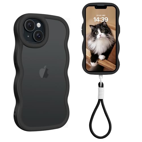 Telaso iphone13 ケース iphone 14 用 ケース iphone13ケース iphone 14 ケース 手首ストラップ付き ウェーブ 波状エッジ 耐衝撃 iphone 14ケース 落下防止 擦り傷防止 おしゃれ いphone14 ケース 半透明 薄型 軽量 指紋防止 アイフォン13/14 カバー ワイヤレス充電対応 6.1インチ ブラック