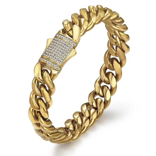 CG&KYGG 12mm Miami Cuban Link Bracelet 14K Real Gold Plated Stainless Steel Solid Bracelet for Mens Womens (Double-sided Iced Out Clasp)
