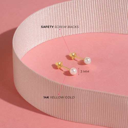 18k Yellow Gold 3mm-6mm Girls' Classic Cultured Pearl Safety Screw Back Earrings - Freshwater Cultured Pearl Earrings for Infants, Toddlers, Little Girls, and Teens4
