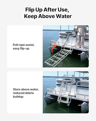 Image of VEVOR Flip-Up Dock Ladder, 6-Step, Heavy-Duty Aluminum Alloy Pontoon Boat Swim Ladder, with Non-Slip Wide Steps, 350 lbs Weight Capacity, Pull Rope Assist, Comfort Use for Lake Pool Marine Boarding