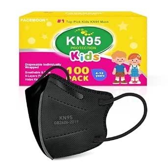Kids Disposable KN95 Face Masks, 100 Pack, Adjustable Ear Loops, Breathable Dust Protection, GB2626-2019 Standard, Black