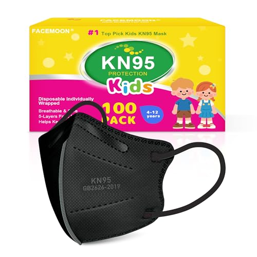 KN95 Face Mask Disposable Kids KN95 Masks Individually Wrapped 100 Pack for Kid Age 4-12 Adjustable Ear Loops Breathable Dust Protection GB2626-2019 Standard Filter Efficiency95% Black