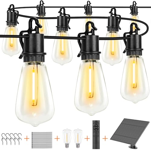 OOOLED 100FT Solar String Lights Ourdoor Waterproof Patio Lights Solar Powered with Remote ST38 32 Vintage Edison Bulbs Solar Lights Outdoor Waterproof Outside Powered Hanging Lights for Patio
