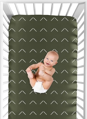 Image of Sweet Jojo Designs 3-Piece Baby Crib Sheets Set (Woodland Pinetrees) for Boys, Infant Nursery, Toddler Room - Fitted, Standard Size (Green & White Arrow Geometric, Solid Hunter & Forest Themed, Trees)