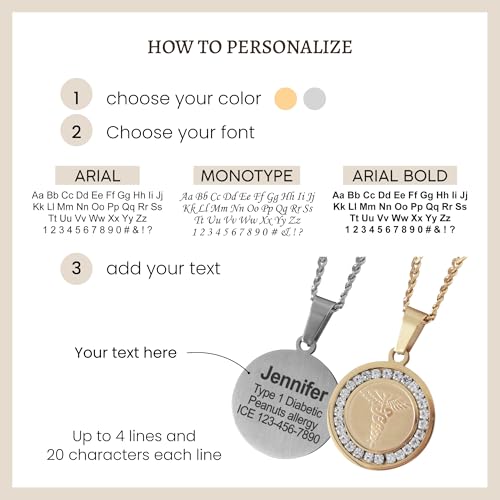 MIA·MIA Medical Alert Necklace For Women Elegant Stainless Steel & Crystals Medic Emergency ID Awareness Jewelry With Engraved Info for diabetes, allergy, epilepsy & other conditions (Gold) - Thumbnail 7