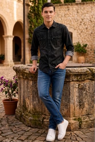 Image of Louis Philippe Men's Slim Fit Classic Denim Wash Stylized Fashion Full Sleeve Casual Shirt