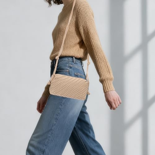 Image of Woven Crossbody Bag for Women,Small Handbag Cute Purse Vegan Leather Handmade Shoulderbag,Lightweight Tote Bag with Strap