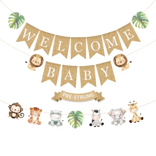 Image of Weecent Pre-Strung 6ft Burlap Welcome Baby Banner for Safari Baby Shower Decorations Neutral Jungle Animals Gender Reveal Party Decor