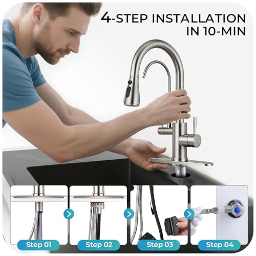 Image of Kitchen Faucets with Water Filter - Brushed Nickel 2 in 1 2-Handle Kitchen Faucet with Pull Down Sprayer, High Arc Stainless Steel Pull Out Kitchen Sink Faucet with Deck for 1 or 3 Hole