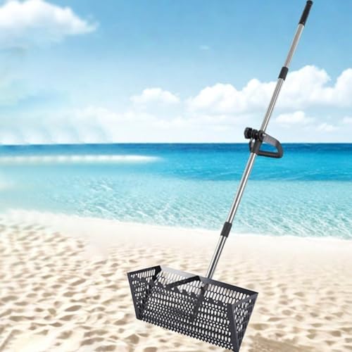 Rastrillo para pulgas, tamiz de arena de playa de acero inoxidable con cesta ancha de 40 cm de dientes de tiburón, rastrillo resistente con mango largo desmontable para playa, fácil de instalar