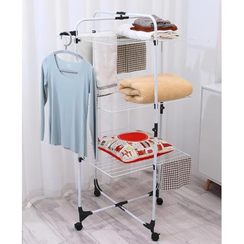 Image of Lukzer Premium 3-Tier Foldable Clothes Drying Rack with Wheels | Portable Laundry Stand for Indoor, Balcony, Apartment | Space-Saving Multi-Layer Cloth Hanger, Heavy-Duty 135x67 cm CH-467