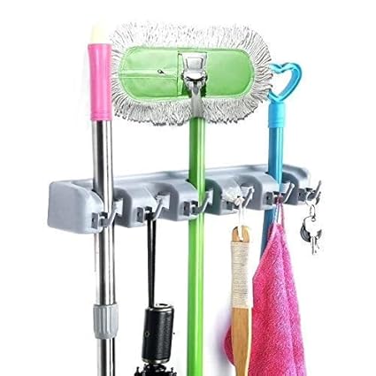ONSUR Broom/Mop Holder Cleaning Storage Accessories- 5 Slot + 6 Hooks Wall Mounted Hanger Holder Organiser for Home, Garage and Garden Etc (Multicolor) Plastic 1pc (Size 41.5 x 9 x 7 cm)
