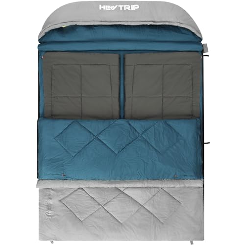HEYTRIP Double Sleeping Bag with Blanket - Queen Size Two Person Sleeping Bag for Adults, 20 Degree, Blue