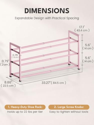 Image of Bumusty 3-Tier Expandable Shoe Rack for Closet, 18 inch-33 inch Adjustable Shoe Rack for Small Space, Small Shoe Organizer for Front Door, Sturdy Metal, Pink