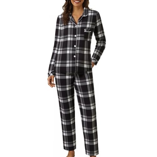 Damen Schlafanzug Zum Knöpfen Lang Flanell Pyjama Baumwolle Set Knopfleiste Mit Kordelzug Thermo Winter Warmer Sleepwear Frauen Langarm Plaid...