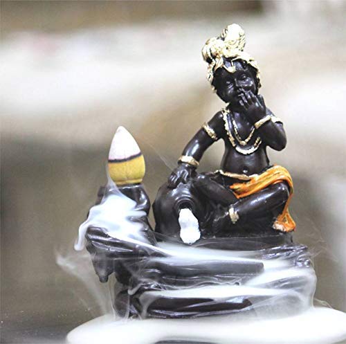 Image of CRAFTAM PolyResin Krishna Smoke Fountain Backflow Waterfall Cone Incense Holder Showpiece Statue with 10 Back Flow Incense Cones (Orange)