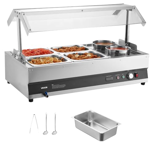 Image of VEVOR Electric Soup Warmer, Two 6.34QT Pots & Four 1 /2 Pans, Stainless Steel Commercial Food Warmer with 86~185F Adjustable Temp, 1500W Bain Marie with Cover, Soup Station for Restaurant, Buffet