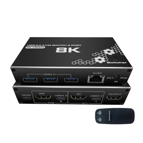 RIJER USB 3.0 HDMI KVM Switch, USB Switcher 2 Computers Share 3 USB and 1 HDMI Port 8K@60Hz, for PC Laptop Keyboard Mouse Printer Scanner, with 2 USB 3.0 Cables, 1 USB Manual and Remote Controller