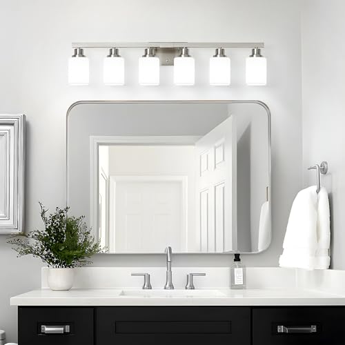 Image of 6-Light Bathroom Vanity Light,Brushed Nickel Vanity Lights with Square Frosted Glass,Modern Bathroom Wall Lights Fixtures Over Mirror,Wall Sconces Lighting for Bedroom Living Room,E26