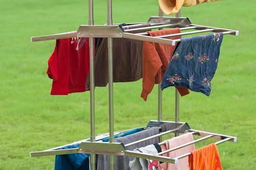 Image of Heavy Duty 304 Stainless Steel Foldable Cloth Dryer Stand | 3 Layer Movable Laundry Drying Rack for Indoor & Outdoor Use (Steel Mirror)