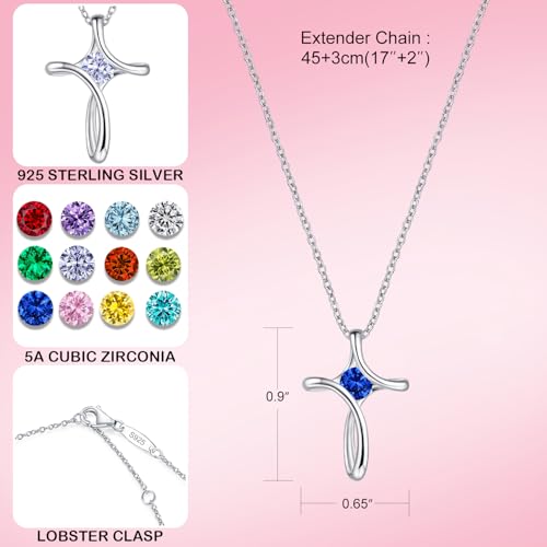 Cross Necklace for Women, 925 Sterling Silver Birthstone Necklace for Women with Diamond Sideways Cross Necklaces Birthstone Jewelry Birthday Gifts for Womens4