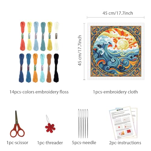 Image of FREEBLOSS 11CT Stamped Cross Stitch Kits Sunrise&Waves Cross Stitch Wall Hanging Kit Complete Embroidery Kits with Instruction for Needlepoint Adults Wall Art Decoration 18 * 18in /45 * 45cm