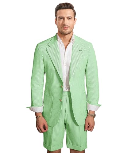 Men's 2 Pieces Seersucker Suit Lightweight Slim Fit Summer Beach Wedding Suit Blazer & Shorts for Men