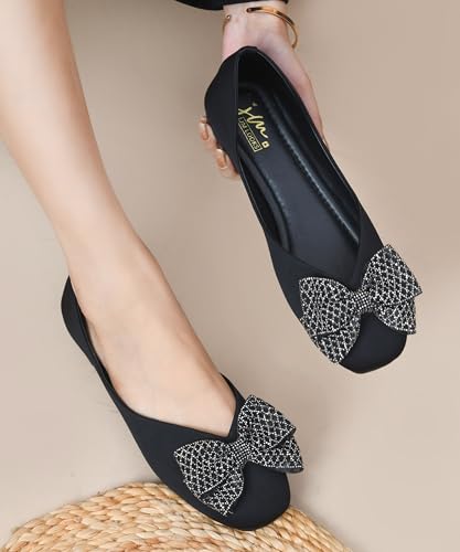 Image of JM LOOKS Sparkling Occasion Ballet Flats with Oversized Glitter Bow and Sleek Low Profile Design Silhouette