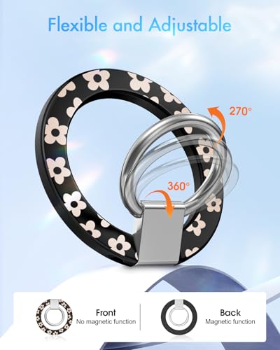 Image of Toycamp Phone Grip Ring Holder Compatible with MagSafe - Magnetic Phone Grip Stand Women Cute Painting Removable Rotatable Magnet Accessories for iPhone 17 Pro Max /16 /15 /14 /13 /12 Series, Black Flower