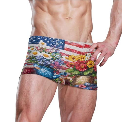 July 4th American Flag Flowers Mens Swim Trunk Swimwear Swim Brief Square Leg Board Short S S04073033