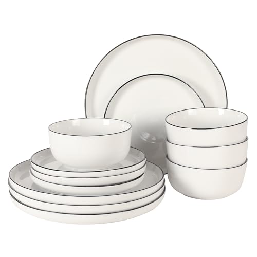 Image of Gibson Home Oslo 12-Piece Porcelain Dinnerware Set - Dinner Plates, Salad Plates & Bowls, Classic White With Black Rim Everyday Dish Set for Home, Kitchen, Microwave & Dishwasher Safe