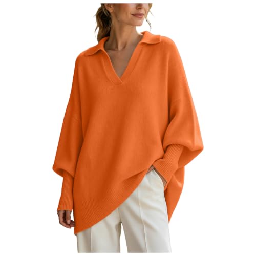 Women Hooded Knit Sweater, Casual Loose Pullover Winter Fall Top Orange