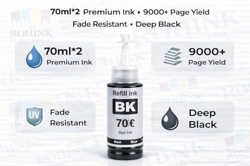 Image of ROHINK T664 Black Compatible Refill Ink for Epson L130, L360, L380, L361, L565, L210, L220, L310, L350, L355, L365, L385, L550, L555, L605, L1300 Printer - 70ml x 2 Bottles