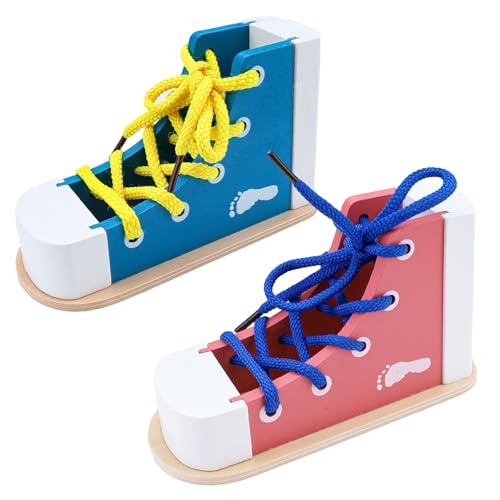 2 Pack Wooden Shoe Tying Practice Kit with Blue and Pink Laces, Instructional Lacing Technique Aid for Fine Motor Skills Development (Blue,Pink)