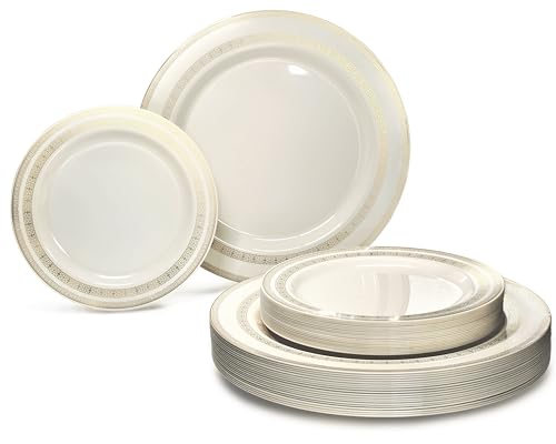 OCCASIONS 120 Plates Pack,(60 Guests) Heavyweight Premium Wedding Party Disposable Plastic Plates Set -60 x 10.5'' Dinner + 60 x 7.5'' Salad/Dessert (Lace Ivory/Gold) OCCASIONS 120 Plates Pack,(60 Guests) Heavyweight Premium Wedding Party Disposable Plastic Plates Set -60 x 10.5'' Dinner + 60 x 7.5'' Salad/Dessert (Lace Ivory/Gold)