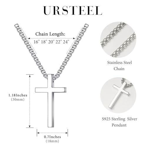 Ursteel 925 Sterling Silver Cross Necklace for Men Women - 18K White Gold Plated Stainless Steel Diamond Cut Silver Chain Cross Jewelry 16-24 Inches4