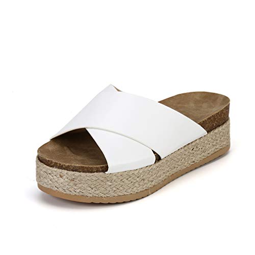 Mujer Sandalias Plataforma Chanclas Verano Ante Sandalias de Vestir Tacon 6CM Planas Peep Toe Gladiador Playa Aire Libre Alpargatas Blanco 38