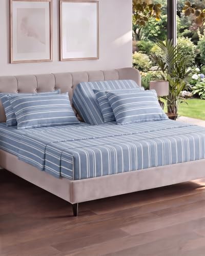 Image of Flex Top Split Head King 6 Piece Piece Sheet Set - Comfy Breathable & Cooling - Soft Hotel Luxury Bedding Set with 8-16 Inch Deep Pockets - 1 Flat & 1 Fitted Sheet & Pillowcases - Blue Stripes 3