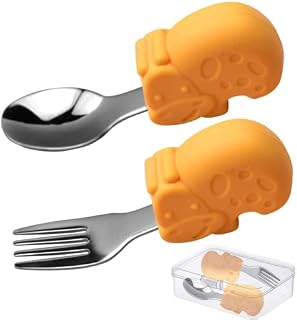 Crethink 2Pcs Baby Spoon&Fork Stainless Steel, Easy Grip Learning Spoons Training Self-Feeding Weaning Spoon Safe Children's Tablewar(with Storage Box)