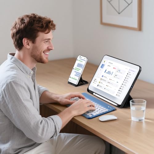 Vobafe Bluetooth Tastatur mit Telefonhalter für iOS/Android/Windows, Kabellose Tablet Tastatur für iPad/iPhone/Samsung/Laptop, Ultradünn Deutsche QWERTZ iPad Keyboard, 7 Farben Beleuchtete, Blau