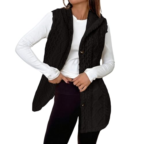 Lazzboy Strickweste Damen Ärmellos Weste Mit Kapuzen Einfarbig Pullover Lockere Passform Strickwesten Cardigan Knopf V Hals Stricken Casual Strickjacke Damenweste (Schwarz,XL) Lazzboy Strickweste Damen Ärmellos Weste Mit Kapuzen Einfarbig Pullover Lockere Passform Strickwesten Cardigan Knopf V Hals Stricken Casual Strickjacke Damenweste (Schwarz,XL)