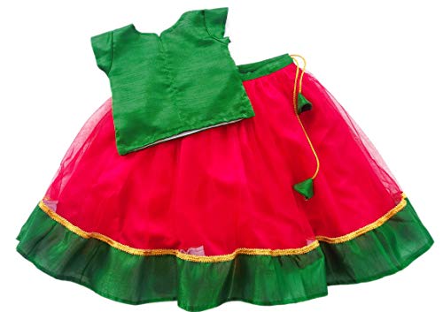 Image of Stanwells Kids Girls Pea Green & Red Lehenga Choli Set | Net Embroidered Ethnic Dress | Traditional South Indian Pattu Pavadai (3-6 Months)