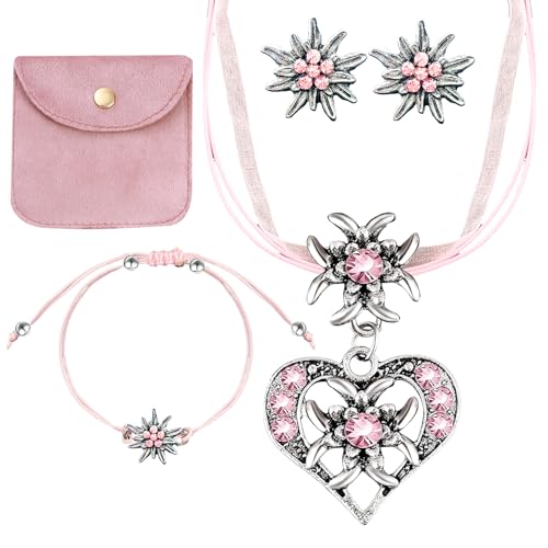 TaimeiMao Trachtenkette mit Strass Edelweiß Herz Anhänger, Edelweiß Armband und Edelweiß Ohrstecker (Anzug)