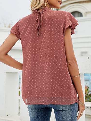 Bequemer Laden Womens Summer Crewneck Short Ruffle Sleeve Tops Blouses Sexy Swiss Dot Lace Casual Tunic Shirts Pink Red #TOP3