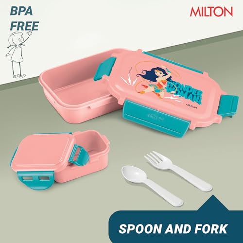 Image of MILTON Sherry Tiffin (DC) Lunch Box for Kids Boys & Girls with Leak-Proof Inner Container| Food Grade,BPA Free,Compact & Durable Snacks Box for Kids I Plastic Spoon & Fork, 520 ml, Pink
