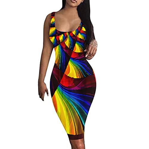Generisch Frauen Sexy Sommerkleid Eleganter Druck O-Ausschnitt Ärmellose Tankkleider Eng anliegendes Club Beach Midikleid Kurzes Glitzer Kleid...