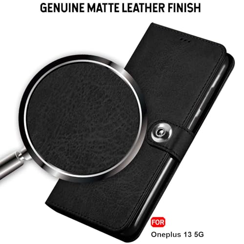 Image of TheGiftKart Flip Cover Back Case for OnePlus 13 5G | Genuine Leather Finish | Designer Button | Inbuilt Pockets & Stand | Wallet Style Flip Back Cover Case for OnePlus 13 5G (Faux Leather, Black)