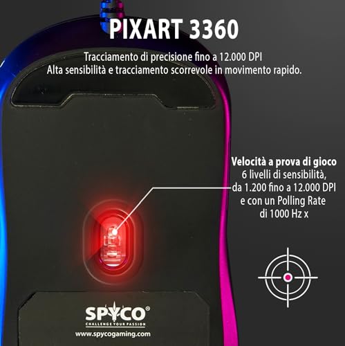 Mouse Gaming Ergonomico, Sensore Pixart 3360 12.000 DPI, Polling Rate 1000Hz, 6 Pulsanti Programmabili, RGB Dinamico, Compatibile con Tastiera Gaming 60% SFX, Nero, Plastica - Mouse gaming - Immagine 2