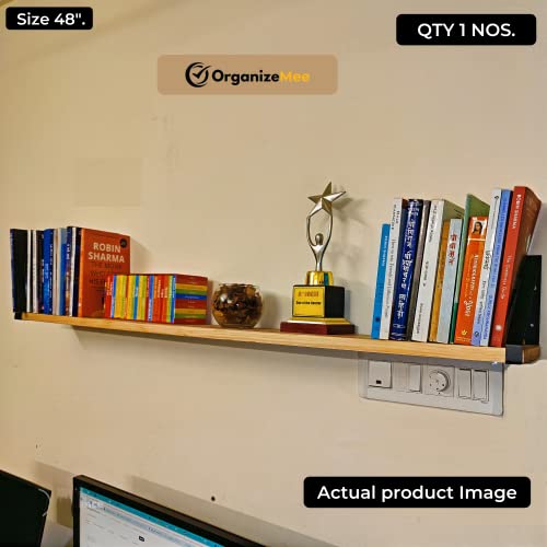 Image of OrganizeMee Wooden Book Shelf Wall D�cor,Floating Shelves for Living Room Kitchen,Bedroom,Decorative Items,Pine Wood Planks Metal Mounting Brackets,Polished,Size(46 Inch X 6 inch White Bracket) Qty:1NOS