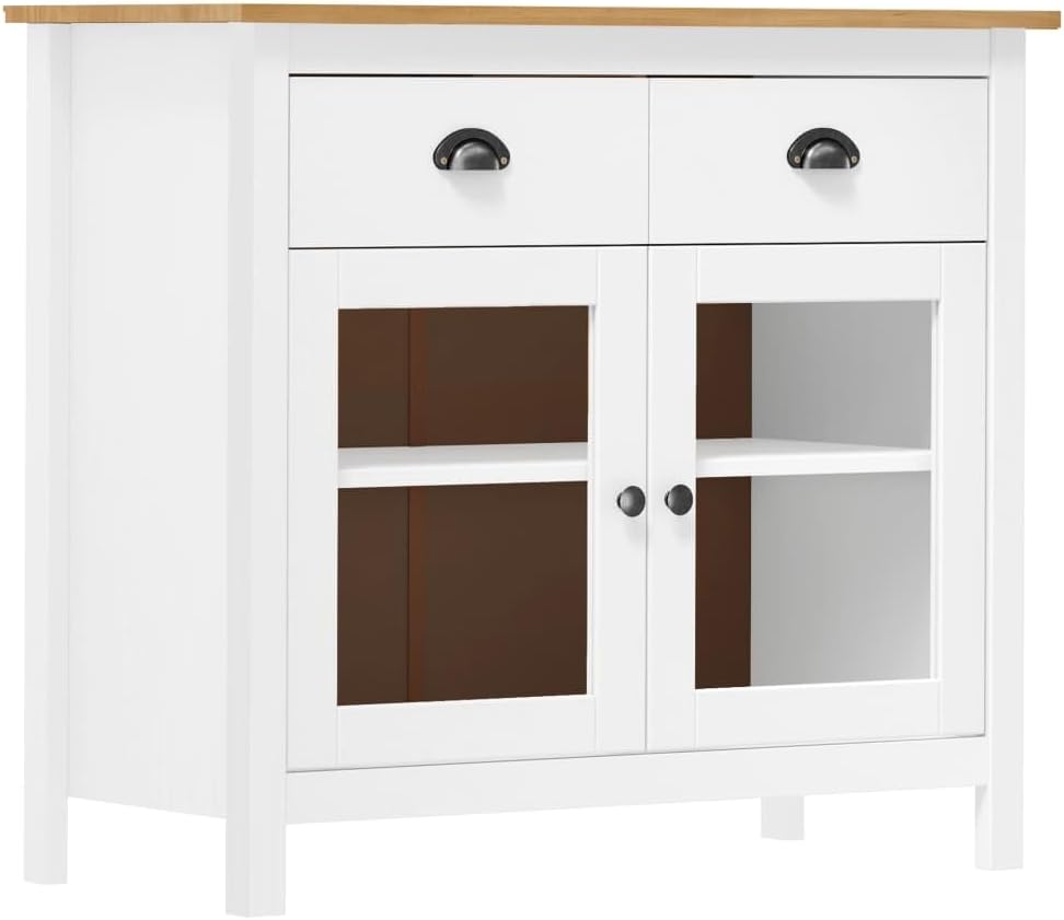 Minimalist Solid Pine Wood Sideboard with White and Honey Brown Finish, 4 Spacious Drawers and Glass Shelves for Ample Storage, Durable Buffet Cabinet for Dining Room